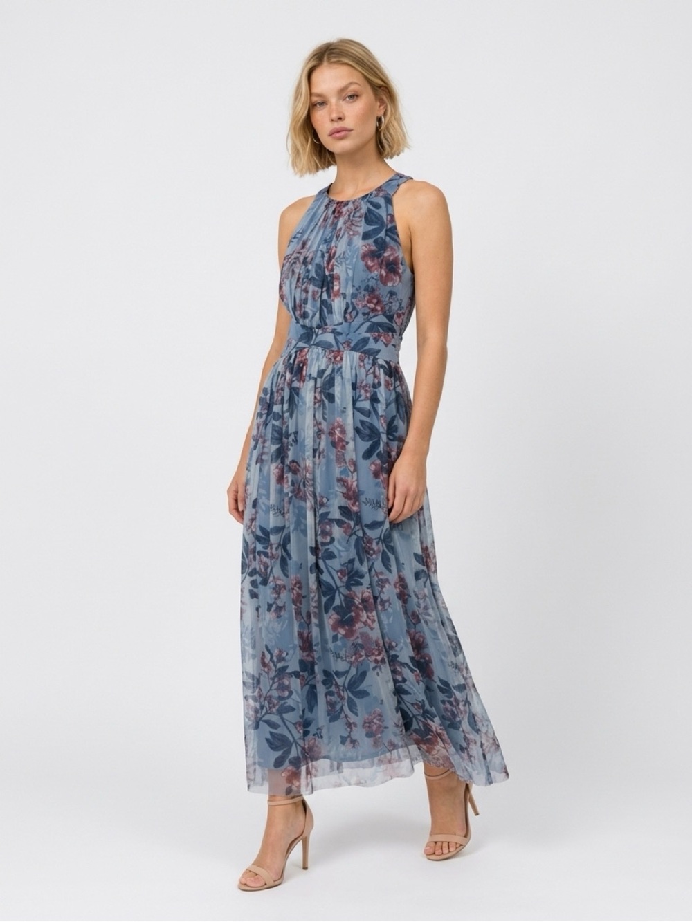 Sleeveless Blue Floral Maxi Dress with Halter Neck